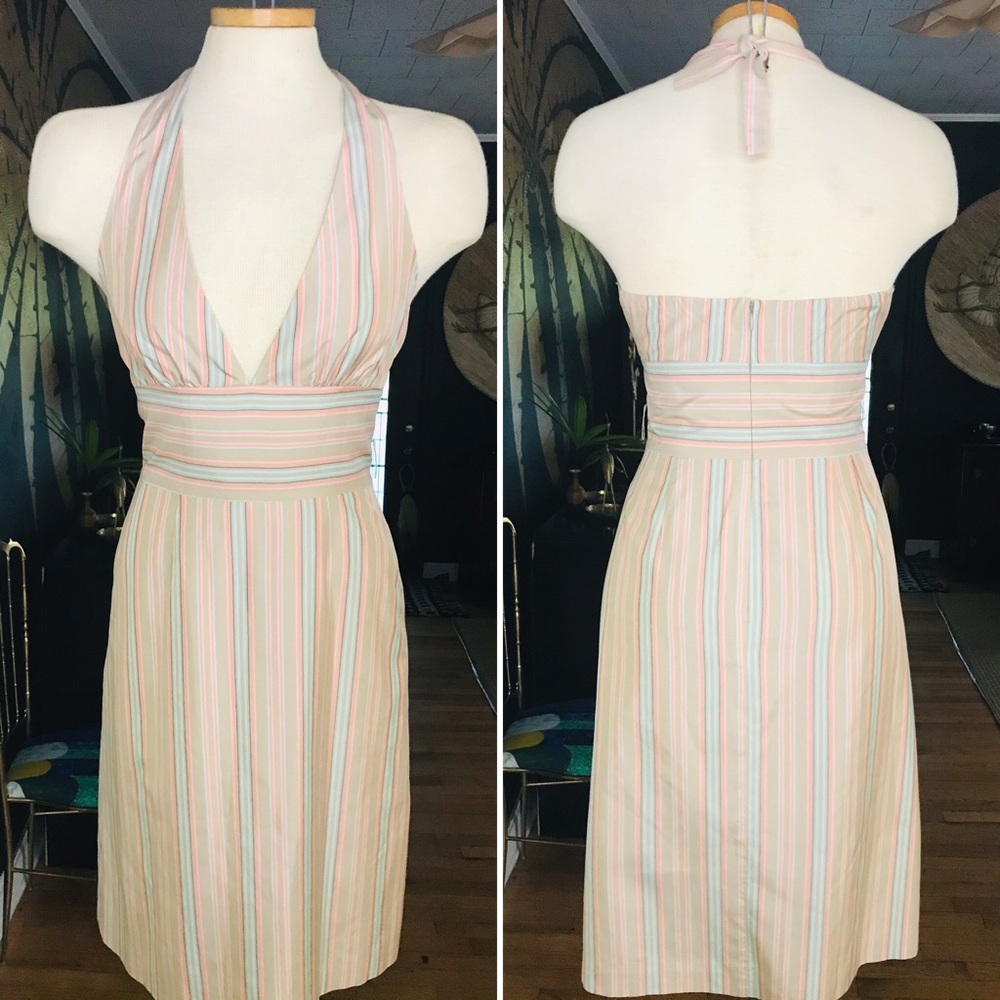 Tommy Bahaha Silk Neutral Striped Halter Dress